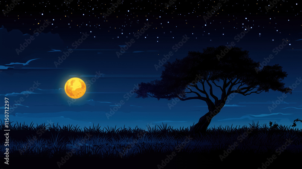 Fototapeta premium Night landscape with a tree and a mysterious atmosphere