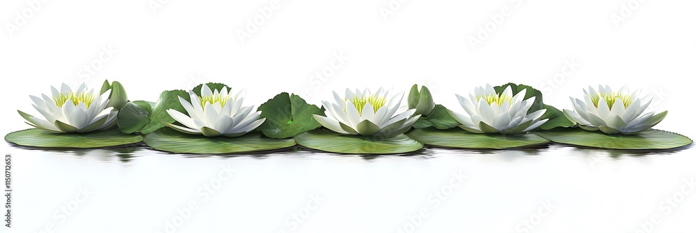 Beautiful white water lilies blooming on serene green lily pads. Beautiful white water lilies blooming on serene green lily pads.