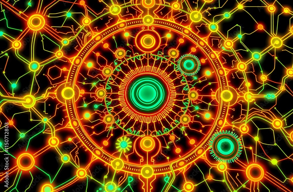 Neon Cybernetic Clock Face Art Nouveau Design Neon Cybernetic Clock Face Art Nouveau Design