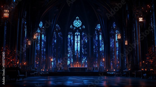 Dark gothic cathedral interior with blue stained glass windows, altar, and Christmas trees.