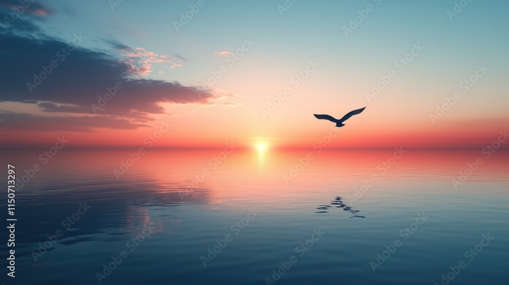 A quiet seascape with a lonely bird in the rays of the setting sun, creating an atmosphere of tranquility. A quiet seascape with a lonely bird in the rays of the setting sun, creating an atmosphere of tranquility.