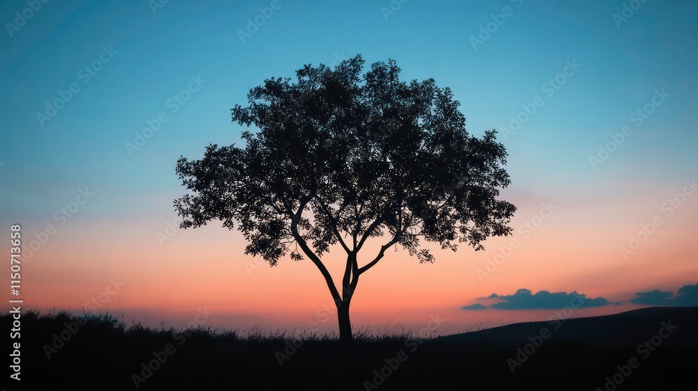 Solitary tree silhouetted against a vibrant sunset sky. Solitary tree silhouetted against a vibrant sunset sky.