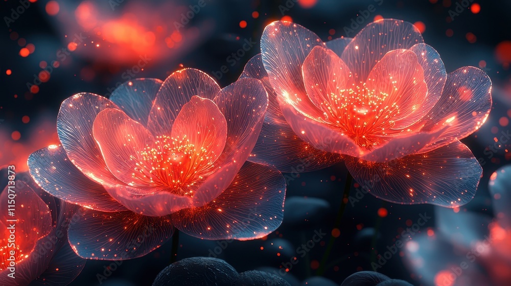 Glowing Red Flowers with Sparkling Petals in a Dark Background Glowing Red Flowers with Sparkling Petals in a Dark Background