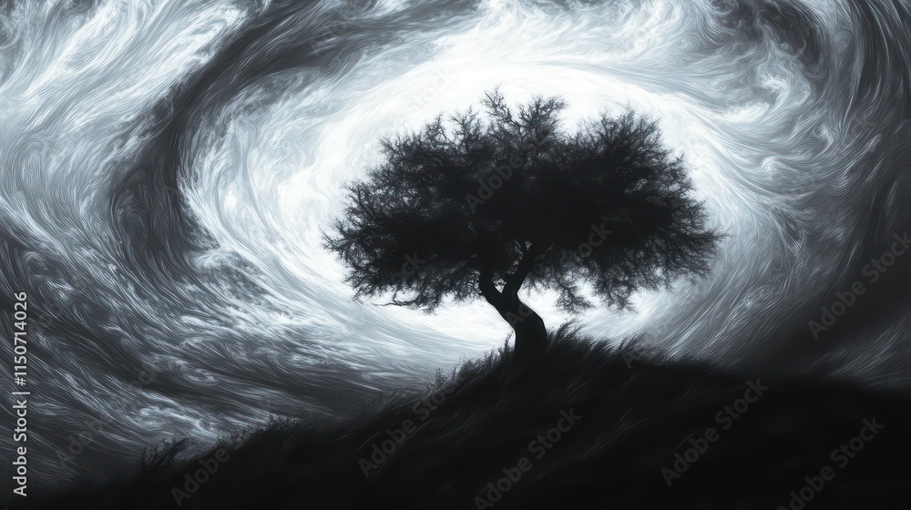 Fototapeta premium Lone tree silhouetted against a swirling, monochrome sky.
