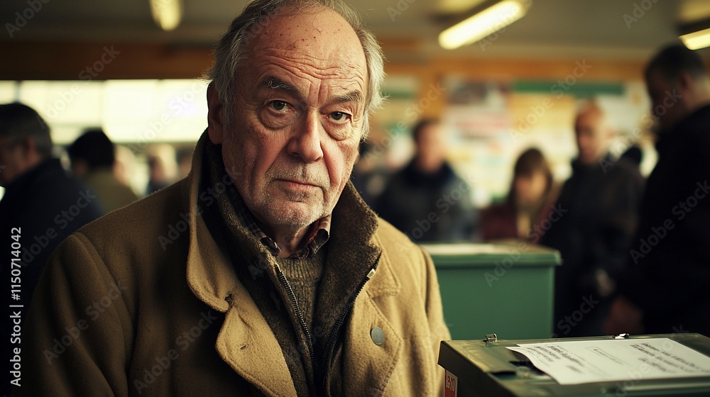 Serious elderly man standing in line at polling station. Serious elderly man standing in line at polling station.