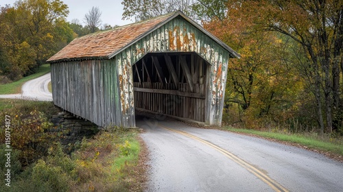 Rustic wooden covered bridge with peeling paint, crossing a quiet country road