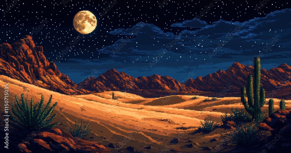 Pixel art desert under a full moon, with shadows stretching over sand dunes, scattered cacti, and a starry night sky adding tranquil depth Pixel art desert under a full moon, with shadows stretching over sand dunes, scattered cacti, and a starry night sky adding tranquil depth