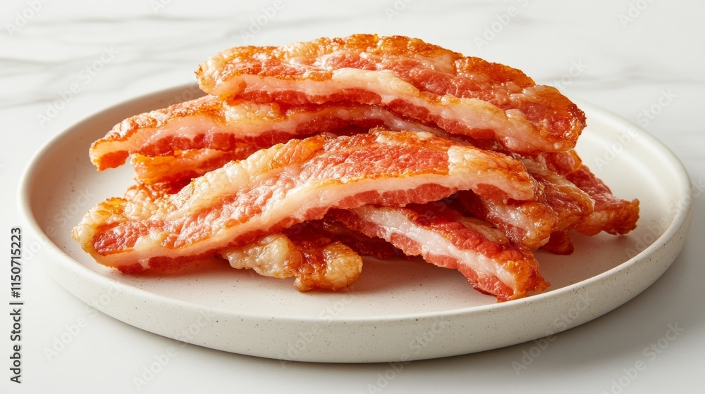 Crispy Bacon Strips Served on a White Plate for Delicious Breakfast Crispy Bacon Strips Served on a White Plate for Delicious Breakfast