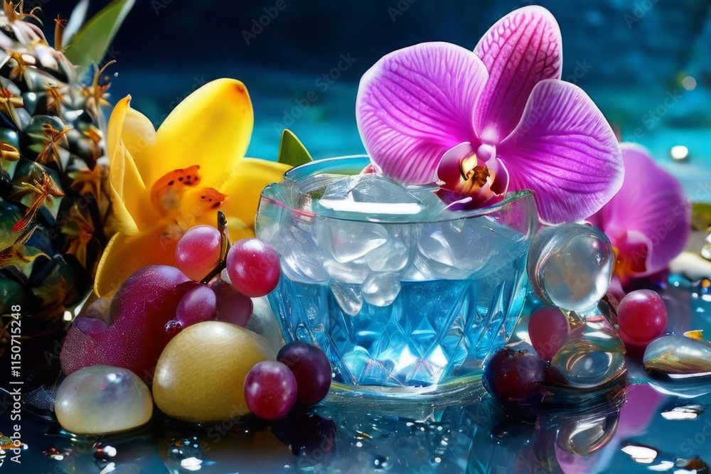 Fototapeta premium Purple orchid, ice-filled glass, lemon, and vibrant spheres. Fresh and modern, perfect for wellness, beverage, or floral themes. Bright and visually appealing.
