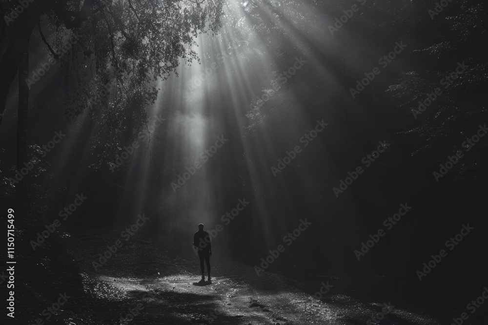 Obraz premium A person is walking in a forest at night