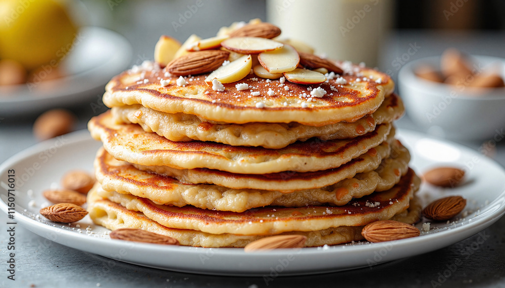 Good food almond pancakes with sliced almonds and sweet topping Good food almond pancakes with sliced almonds and sweet topping
