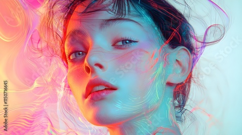 Bright and spectacular image of the face of a young beautiful stylish woman as a finished product or as a graphic resource for your best projects