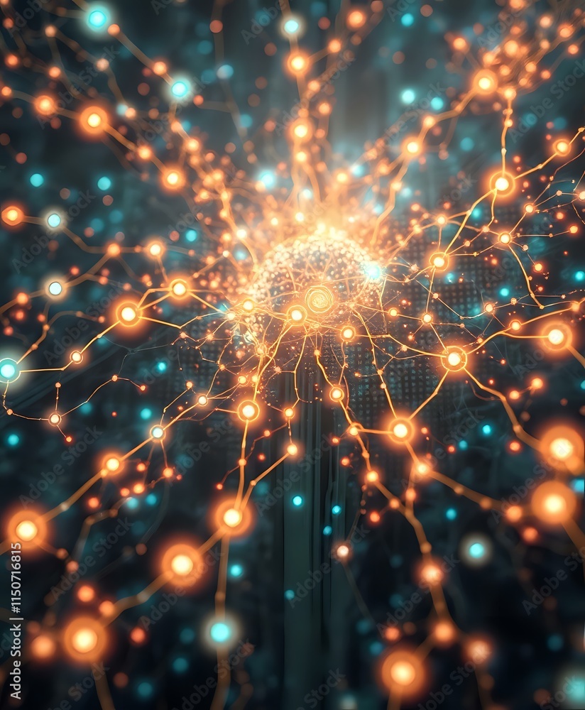 Fototapeta premium Futuristic Cityscape at Night: Quantum Bits Glow in Bioluminescent Web