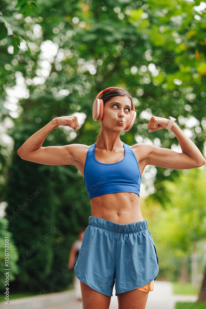 A Confident Fitness Enthusiast Fully Flexing Their Muscles in the Great Outdoors A Confident Fitness Enthusiast Fully Flexing Their Muscles in the Great Outdoors