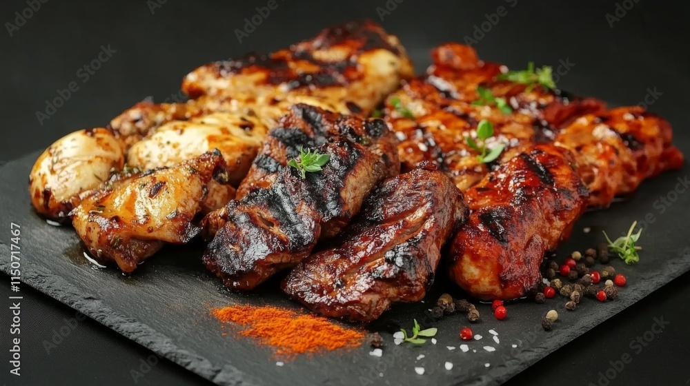 Grilled Assorted Meats on Slate Plate with Spices and Herbs Grilled Assorted Meats on Slate Plate with Spices and Herbs