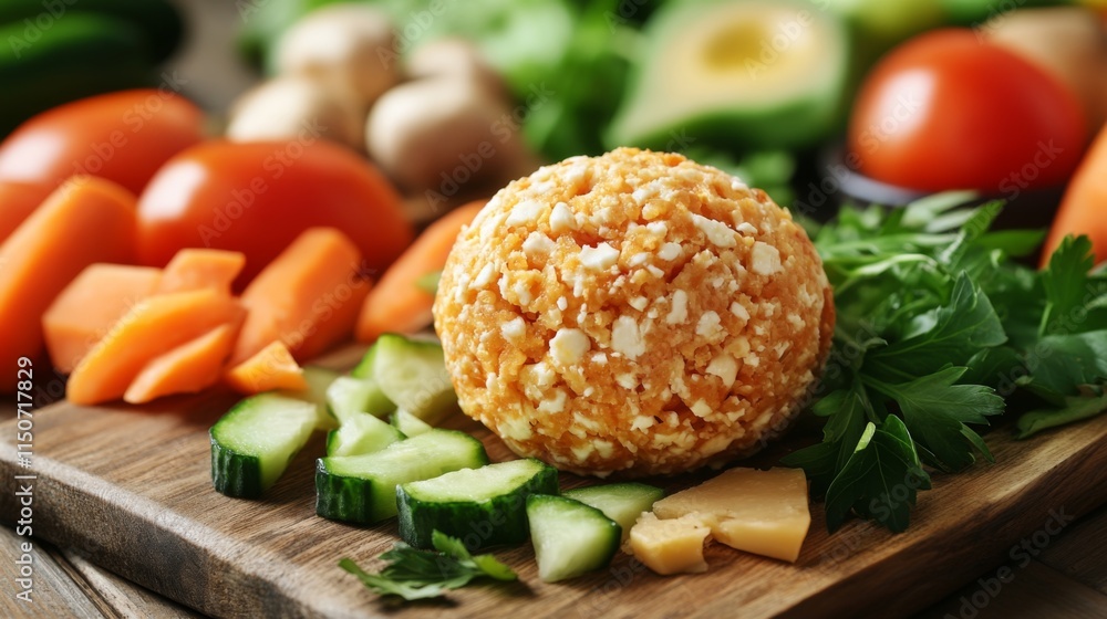 Fresh Vegetables and Cheese Ball on a Wooden Cutting Board Fresh Vegetables and Cheese Ball on a Wooden Cutting Board