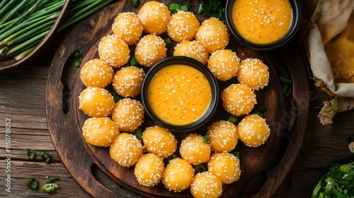 Freshly Made Cheese Balls with Spicy Dipping Sauce on Wooden Board photo