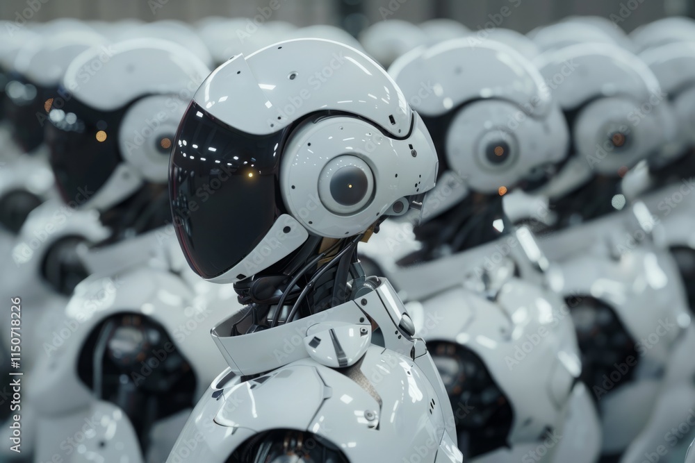 A group of robots are lined up in a row, all wearing white helmets A group of robots are lined up in a row, all wearing white helmets