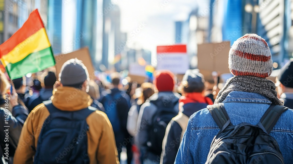 Diverse crowd at a city protest march. Diverse crowd at a city protest march.