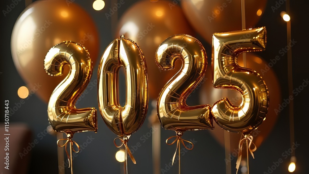 Gold Happy New Year 2025 message balloons with decoration party.Symbolizes the start of the new year Gold Happy New Year 2025 message balloons with decoration party.Symbolizes the start of the new year