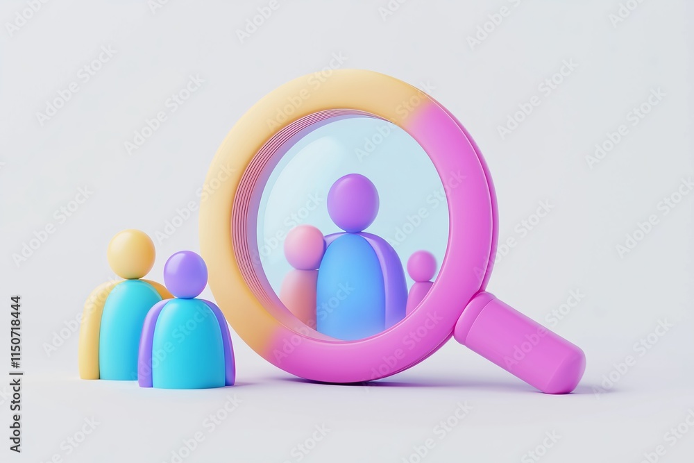 A 3D team hiring icon featuring a magnifying glass, set against a white background. A 3D team hiring icon featuring a magnifying glass, set against a white background.