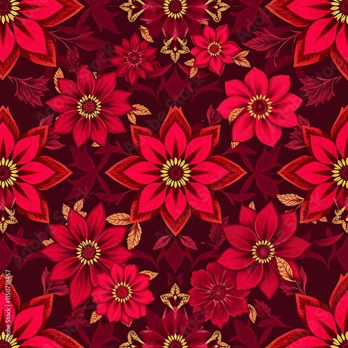 Crimson Dahlia Dreams: A rich, luxurious floral pattern featuring vibrant red dahlias and gold accents on a deep burgundy background. Perfect for textile design, wallpaper.