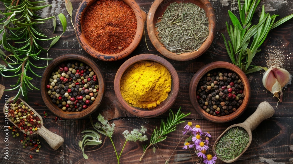 Herbs and Spices in Wooden Bowls on Rustic Table Herbs and Spices in Wooden Bowls on Rustic Table