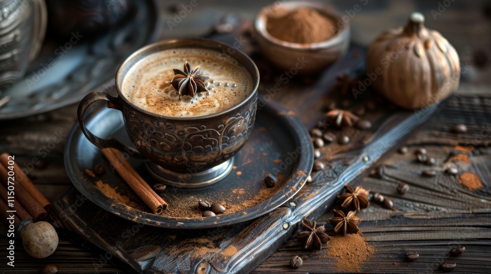 Rustic Coffee Setup with Cup and Spices Rustic Coffee Setup with Cup and Spices