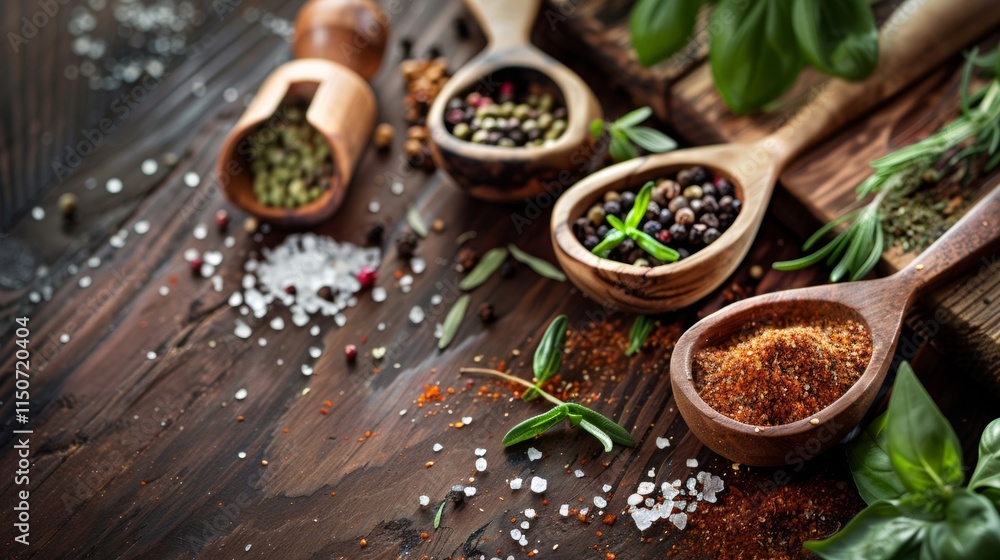 Assorted Spices and Herbs on Rustic Wooden Table Assorted Spices and Herbs on Rustic Wooden Table