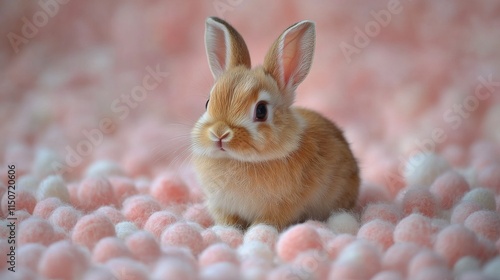 Cute rabbit resting on soft pink pom-poms in a cozy setting during daylight