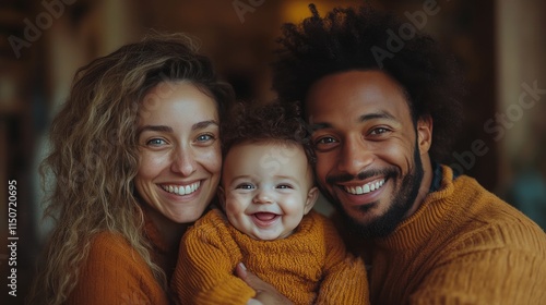Loving family bonding together in cozy sweaters during joyful indoor moment