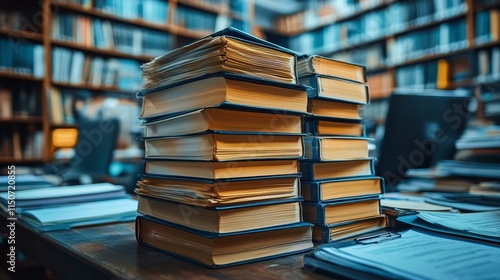 Colorful stack of books on a wooden table in a cozy reading nook with plants