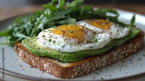 Delicious avocado toast topped with poached eggs on whole grain bread in a ru...