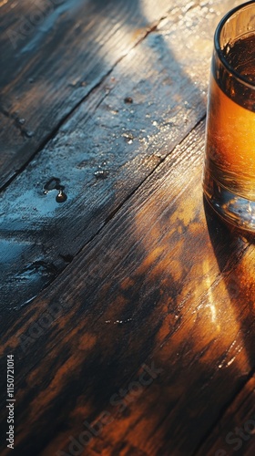 Golden drink reflecting sunlight on rustic wooden table surface