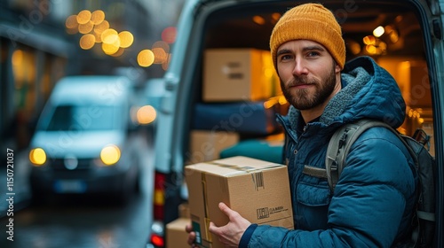 Delivery worker handling packages on a busy urban street during winter season