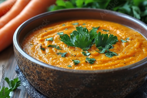 Freshly made creamy vegetable soup garnished with herbs in a rustic bowl on a...