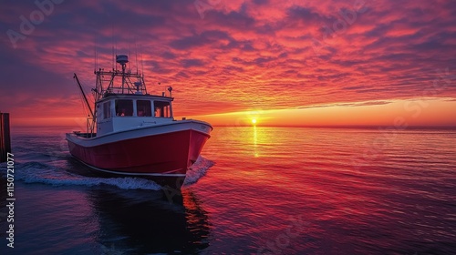 Sunset over calm waters with fishing boat cruising along the shore