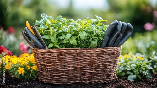 Gardening tools and fresh herbs arranged in a basket during sunny daylight in...