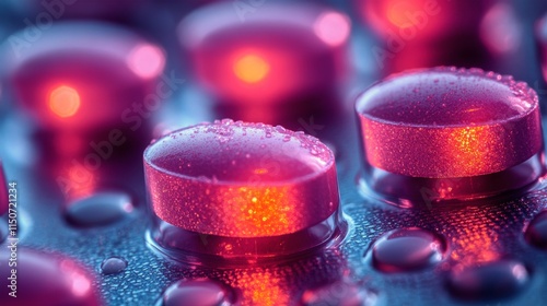 Unique close-up of shiny pink pills with water droplets in a vibrant lighting...