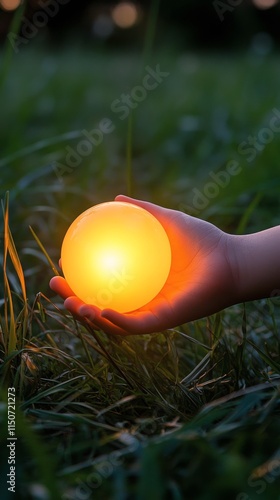 Holding a glowing sphere of light in a lush green forest during sunset