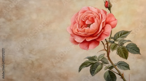 Fototapeta Naklejka Na Ścianę i Meble -  A single, peach-colored rose in full bloom with leaves and thorns, against a textured beige background.