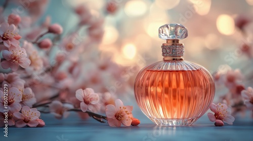 Elegant perfume bottle surrounded by blooming flowers in soft natural light