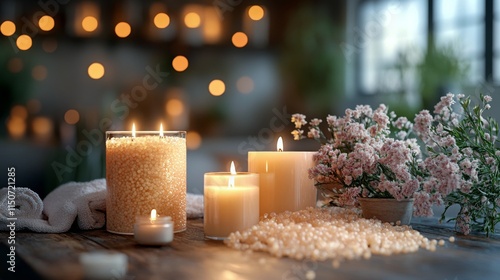 Relaxing atmosphere with candles and flowers in a cozy setting during the eve...