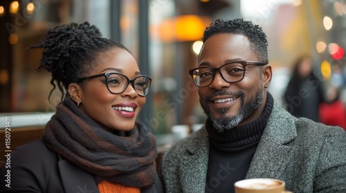 Couple enjoying cozy conversation in cafe during golden hour with warm ambiance