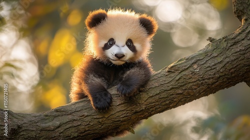 Cute panda cub sitting on a tree branch in a natural habitat during daytime