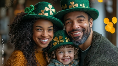 Family celebration wearing festive hats during St Patricks Day festivities in...
