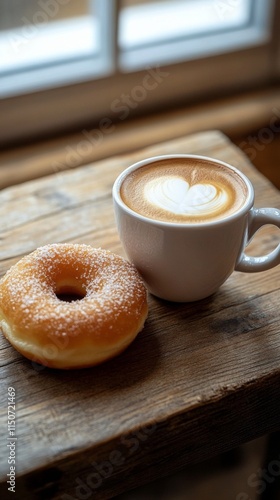 Morning coffee and donut on rustic wooden table with heart latte art