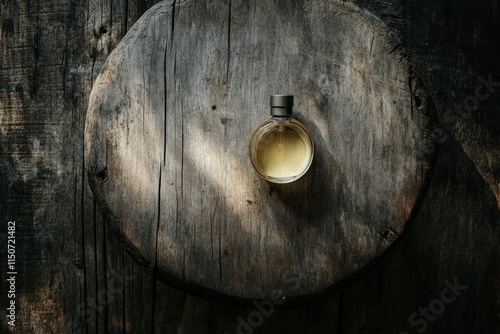 Elegant glass perfume bottle capturing sunlight on a wooden table