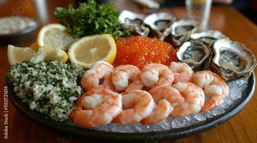 Seafood platter featuring fresh shrimp, lobster, oysters, and lemon slices on...