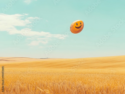 A radiant emoji airplane gliding over a golden field under a soft blue sky